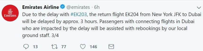 阿联酋返程航班延误3小时